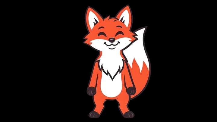 Noxy, an orange fox with a white chest, a fluffy tail and a big smile